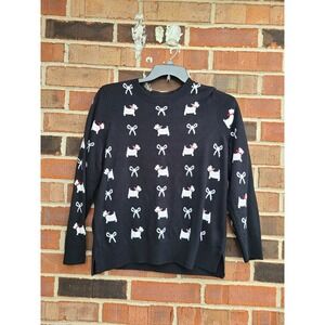 Black White Scottie Dog Bow Knit Sweater Women's Long Sleeve Cozy Pullover